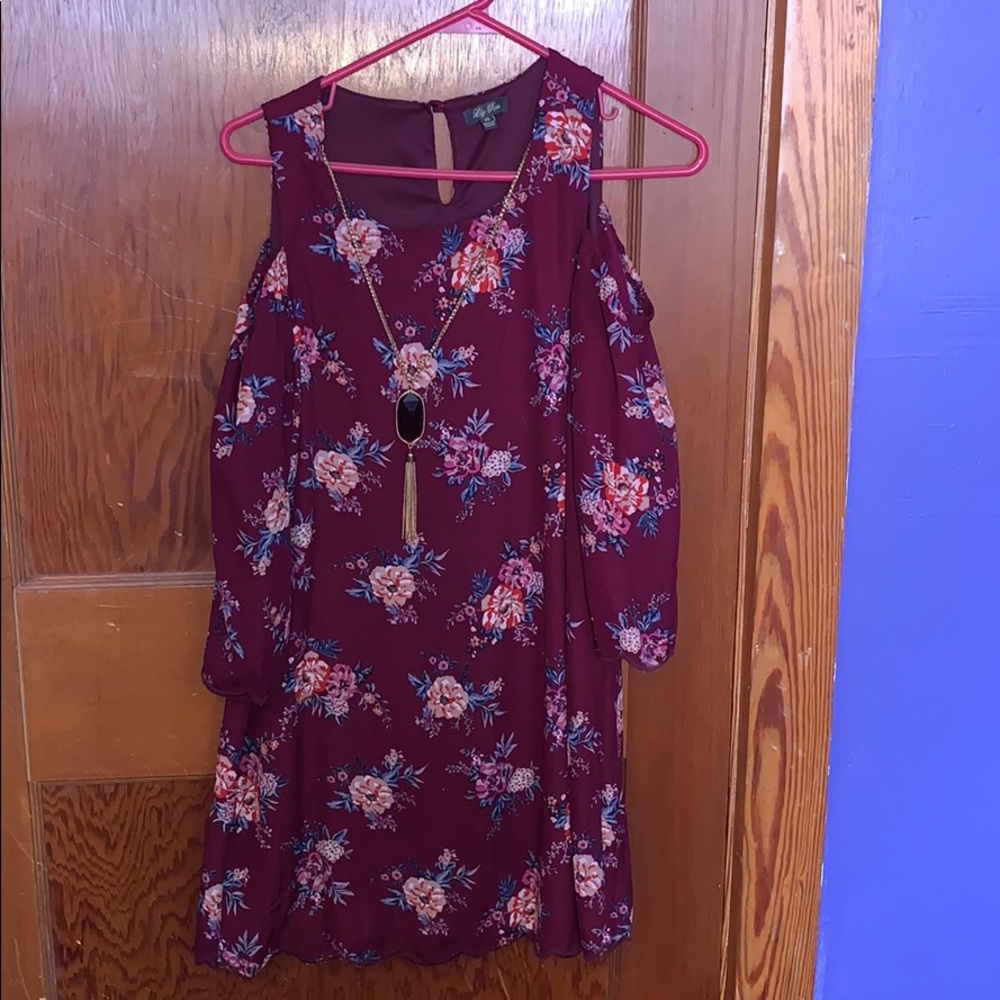 Maroon Floral Peek-a-Boo shoulder Dress